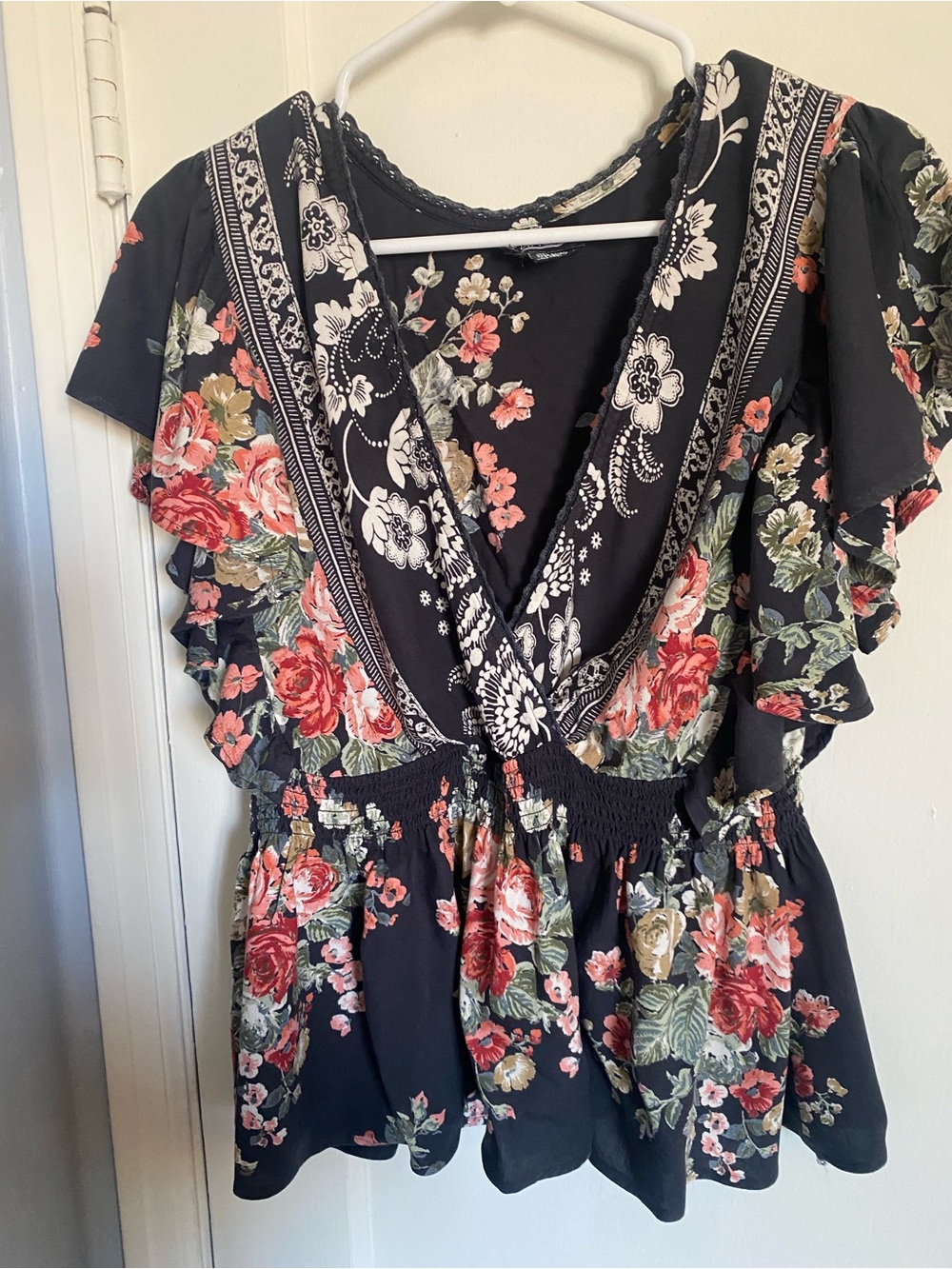 Angie Black Floral V-Neck Top with Coral and Cream Blooms